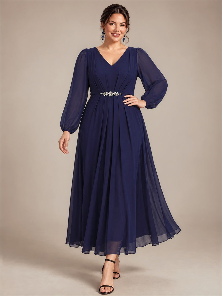 Mousseline Col V Manches bouffantes robe de mère de la mariée #Couleur_Bleu Marine