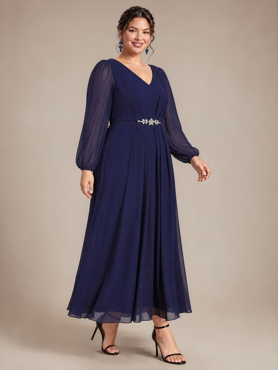 Mousseline Col V Manches bouffantes robe de mère de la mariée #Couleur_Bleu Marine