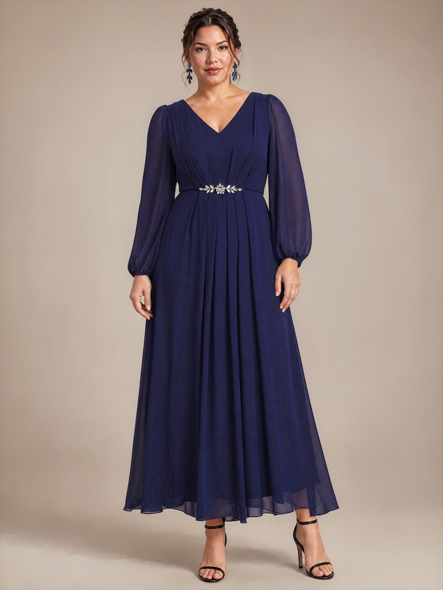 Mousseline Col V Manches bouffantes robe de mère de la mariée #Couleur_Bleu Marine
