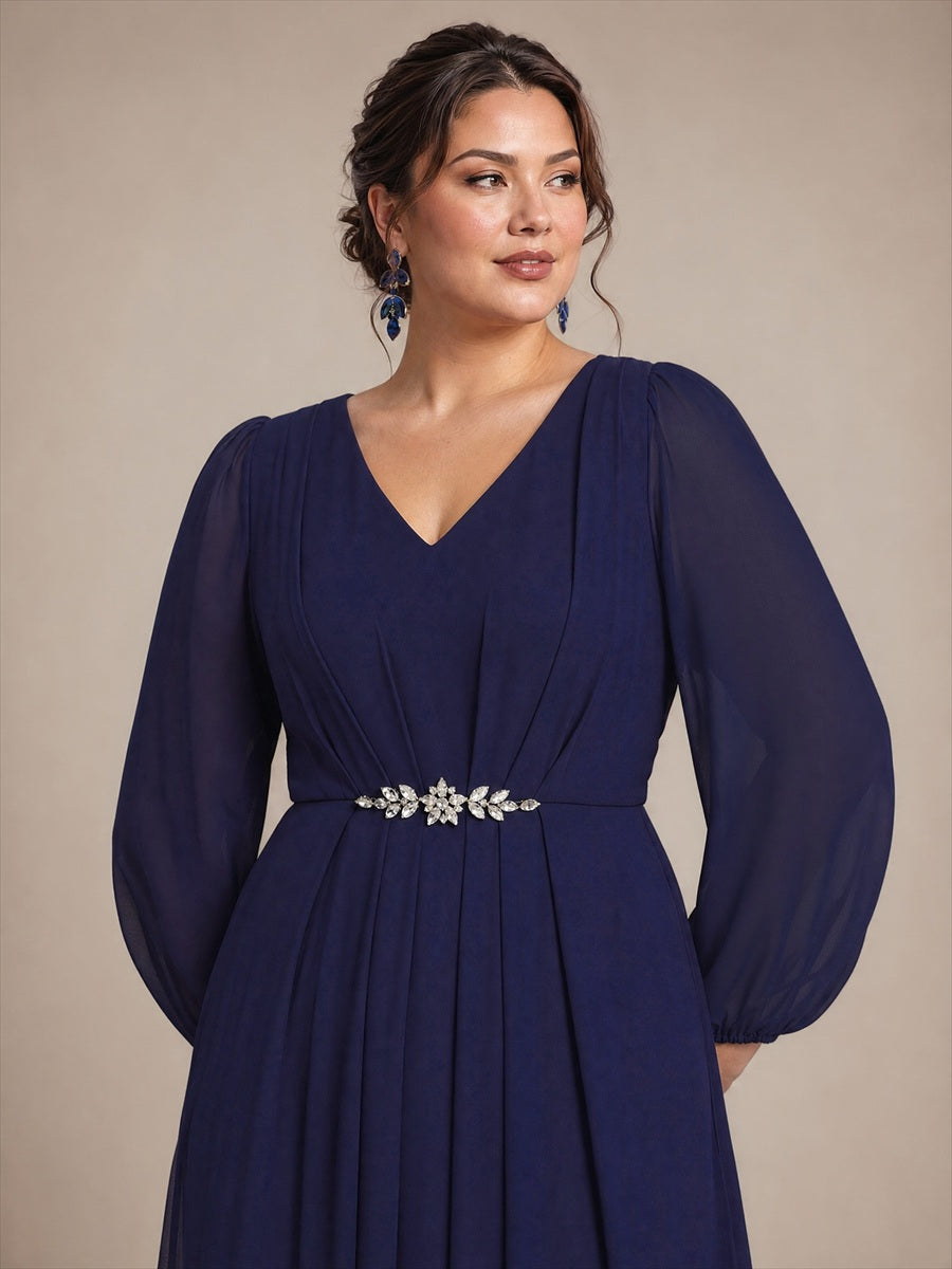 Mousseline Col V Manches bouffantes robe de mère de la mariée #Couleur_Bleu Marine