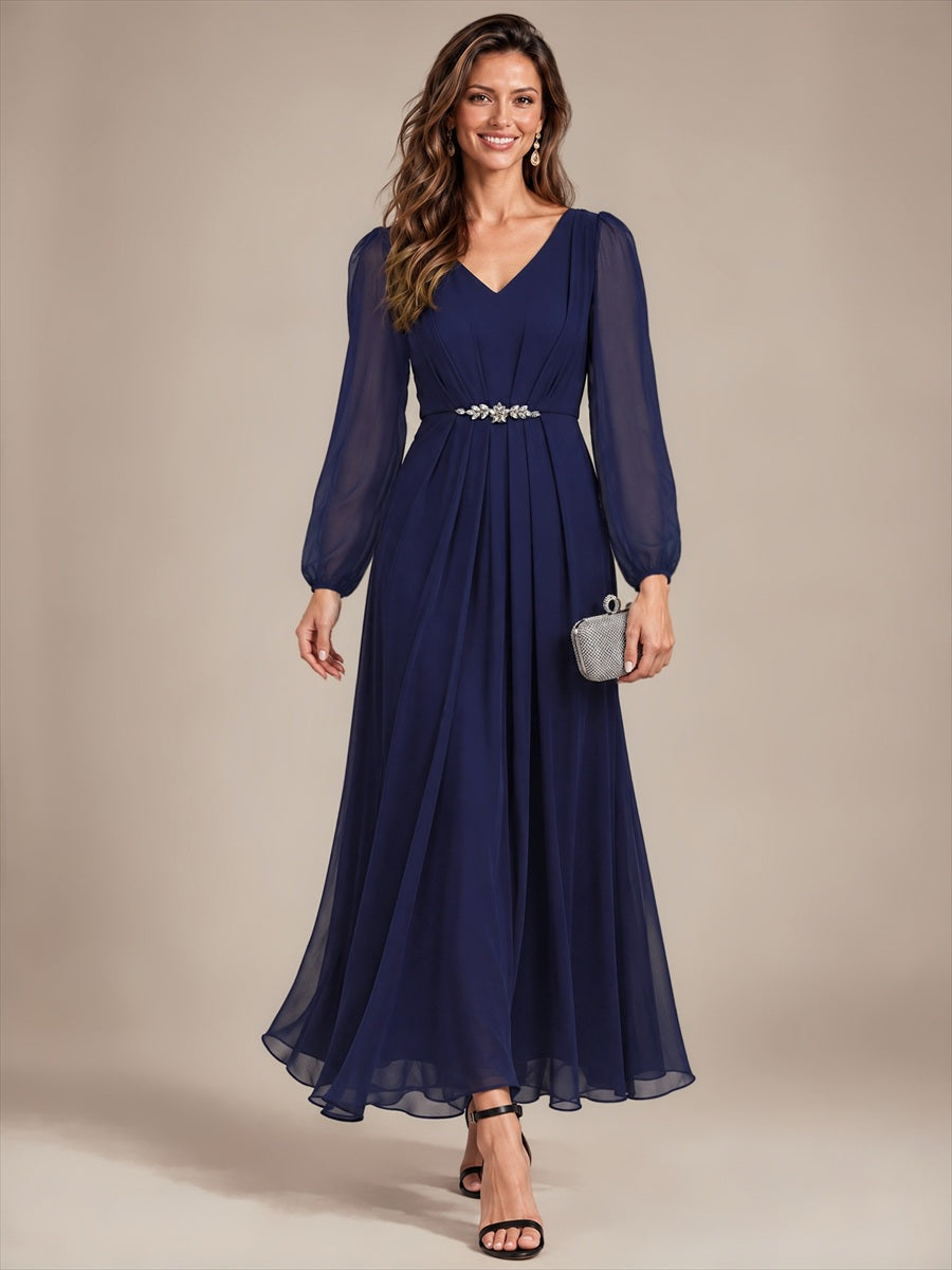 Mousseline Col V Manches bouffantes robe de mère de la mariée #Couleur_Bleu Marine