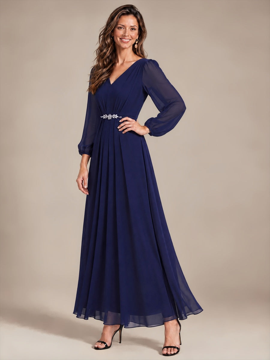 Mousseline Col V Manches bouffantes robe de mère de la mariée #Couleur_Bleu Marine