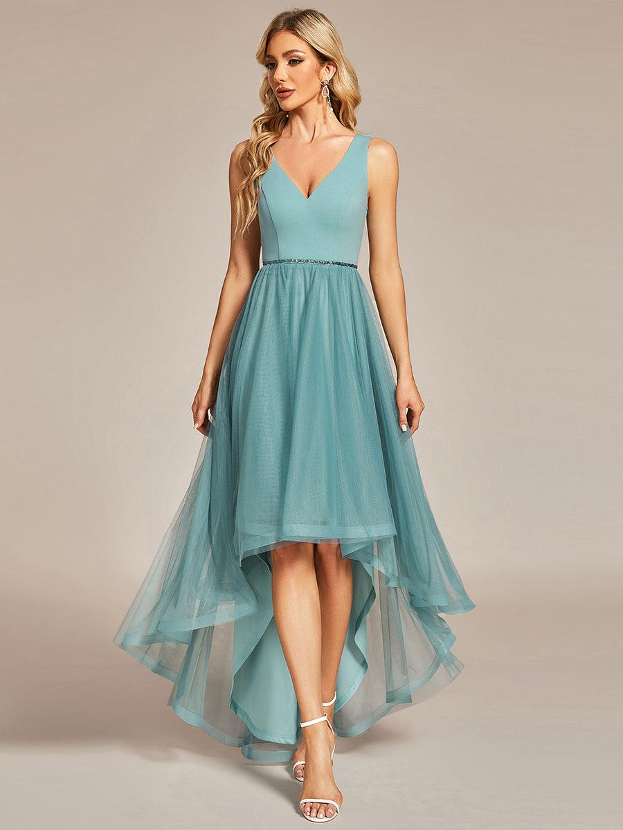 Robe de bal haute-basse sans manches en tulle #Couleur_Bleu Fume Robe de bal haute-basse sans manches en tulle