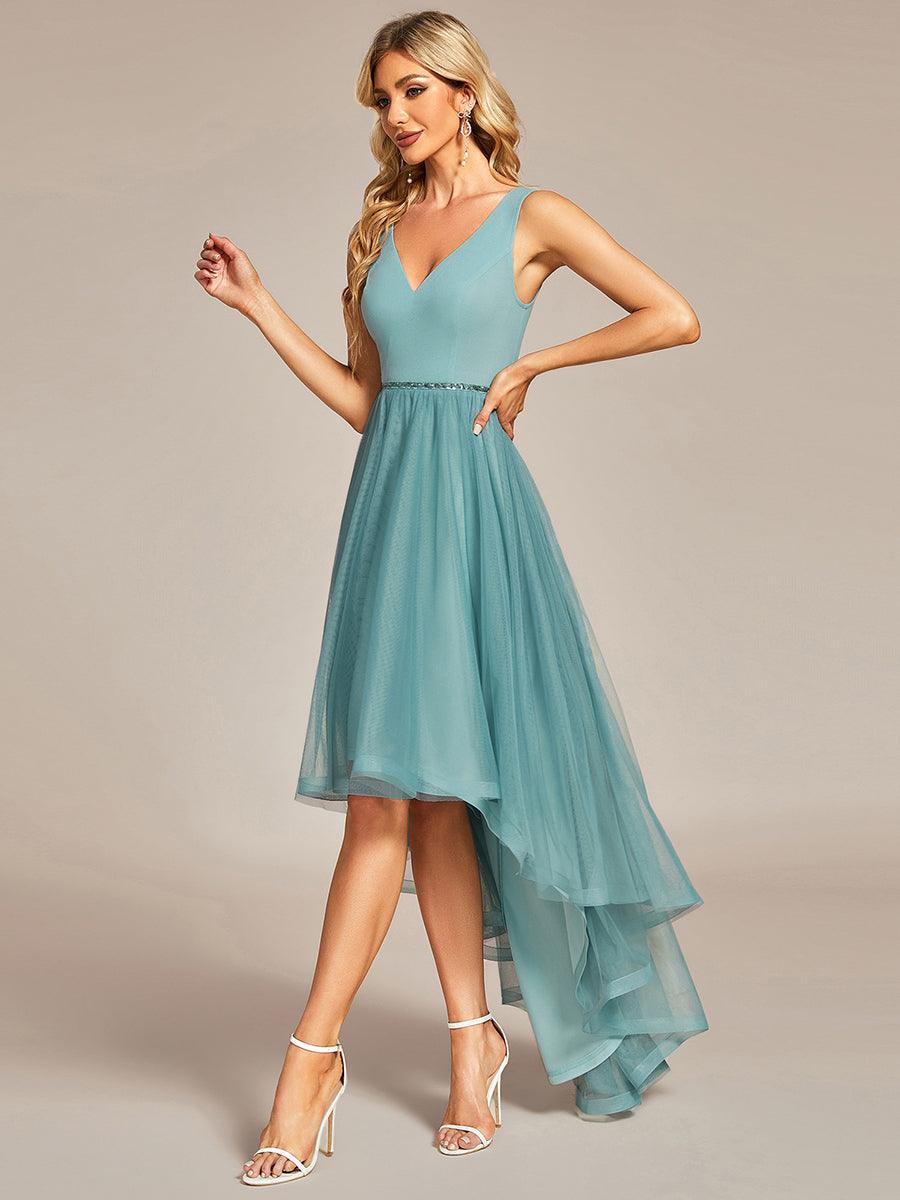 Robe de bal haute-basse sans manches en tulle #Couleur_Bleu Fume Robe de bal haute-basse sans manches en tulle