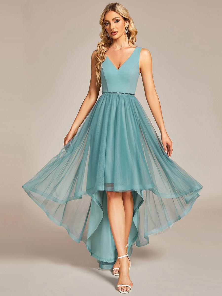 Robe de bal haute-basse sans manches en tulle #Couleur_Bleu Fume Robe de bal haute-basse sans manches en tulle