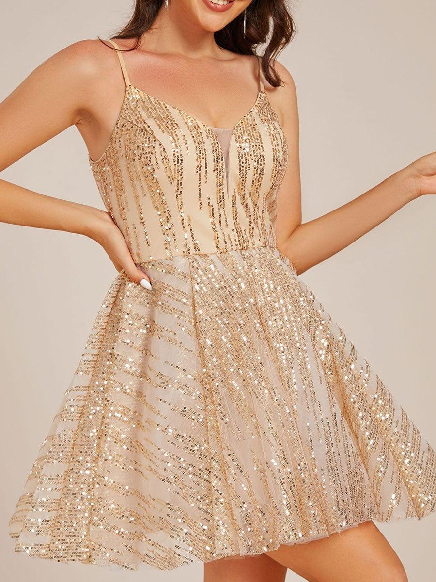 Robe de bal de fin d'année courte à bretelles spaghetti et à paillettes #Couleur_Dorée