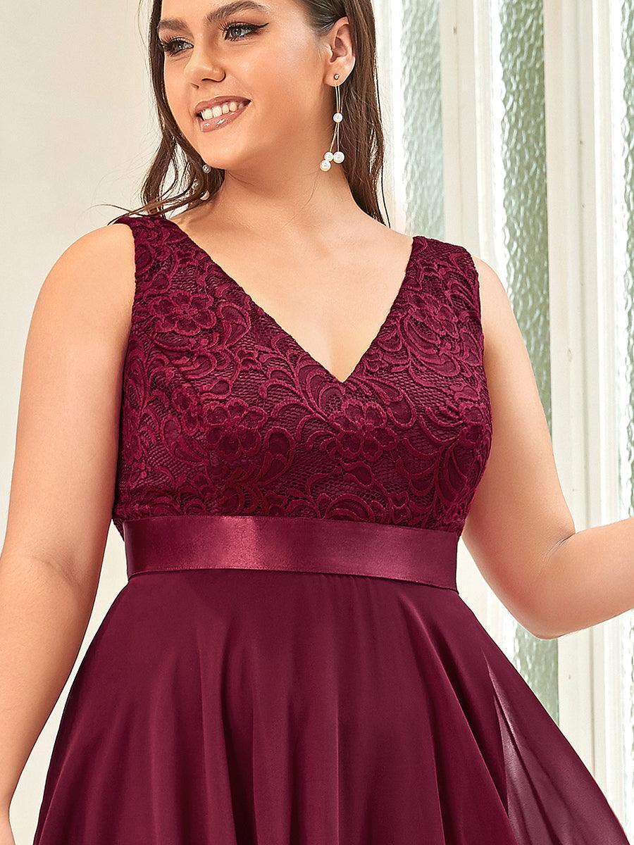 Superbe robe de bal en dentelle et en mousseline de soie à col en V pour femme #Couleur_Bordeaux