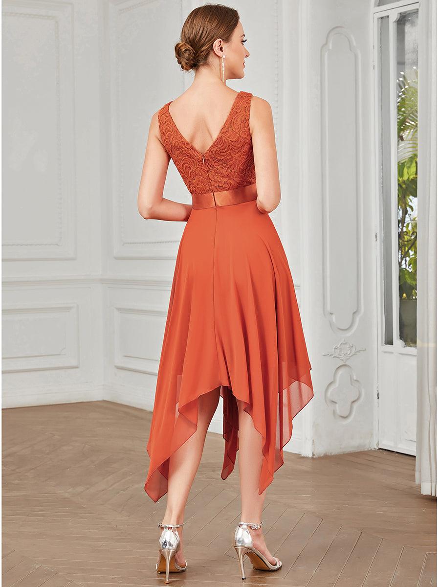 Robe mariage invitée en dentelle à col en V mi-longue fluide #Couleur_Burnt Orange
