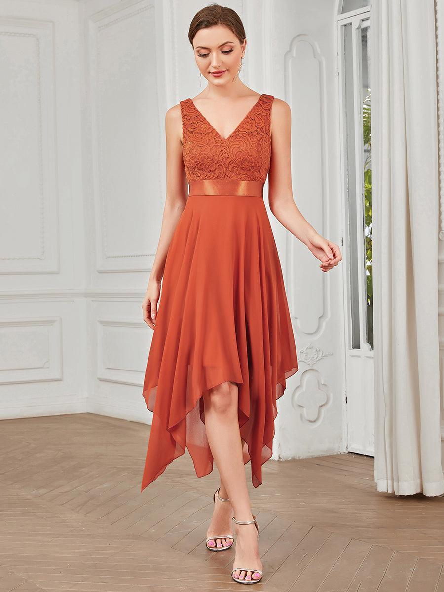 Superbe robe de bal en dentelle et en mousseline de soie à col en V pour femme #Couleur_Burnt Orange