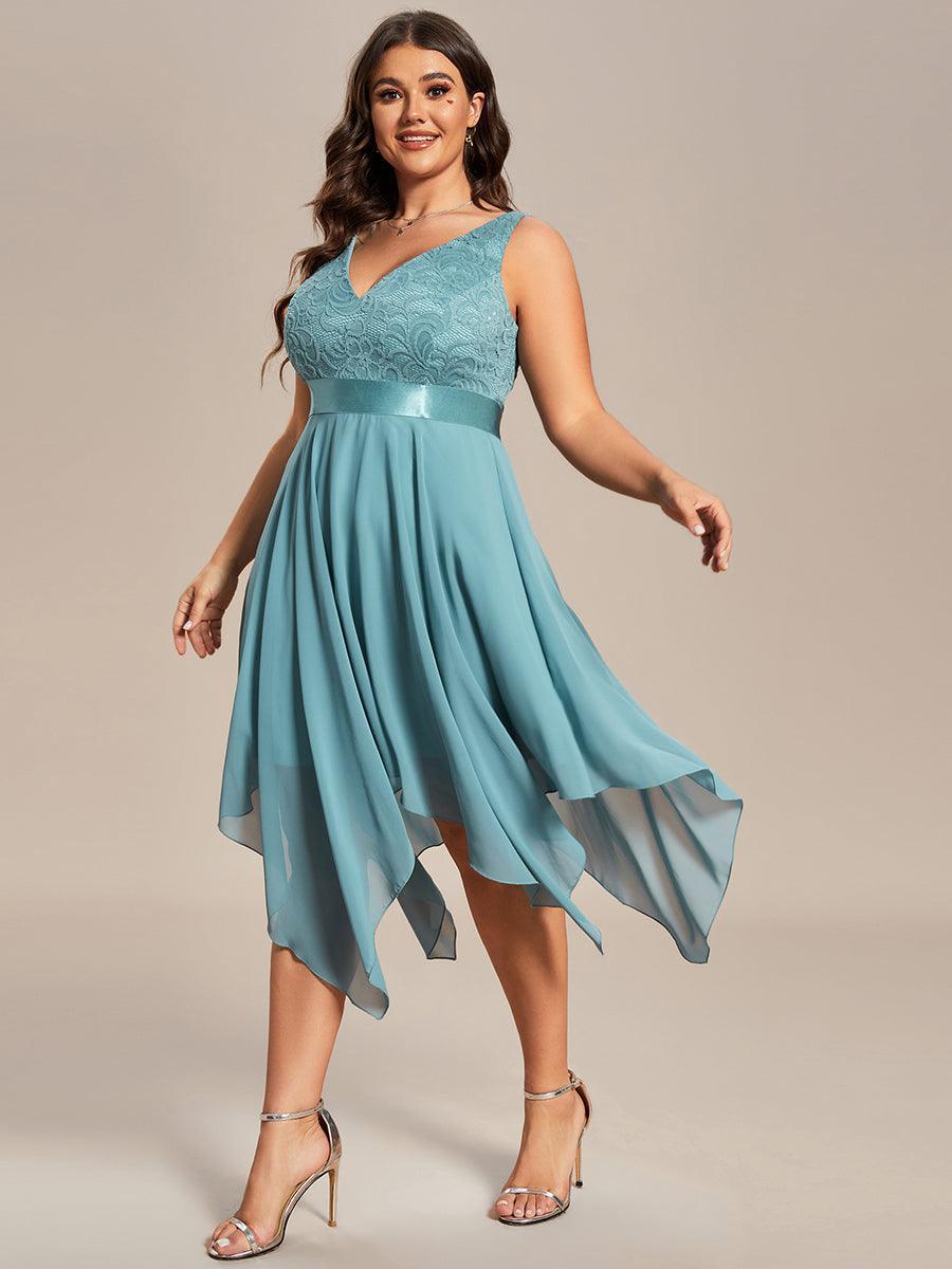 Superbe robe de bal en dentelle et en mousseline de soie à col en V pour femme #Couleur_Bleu Fume