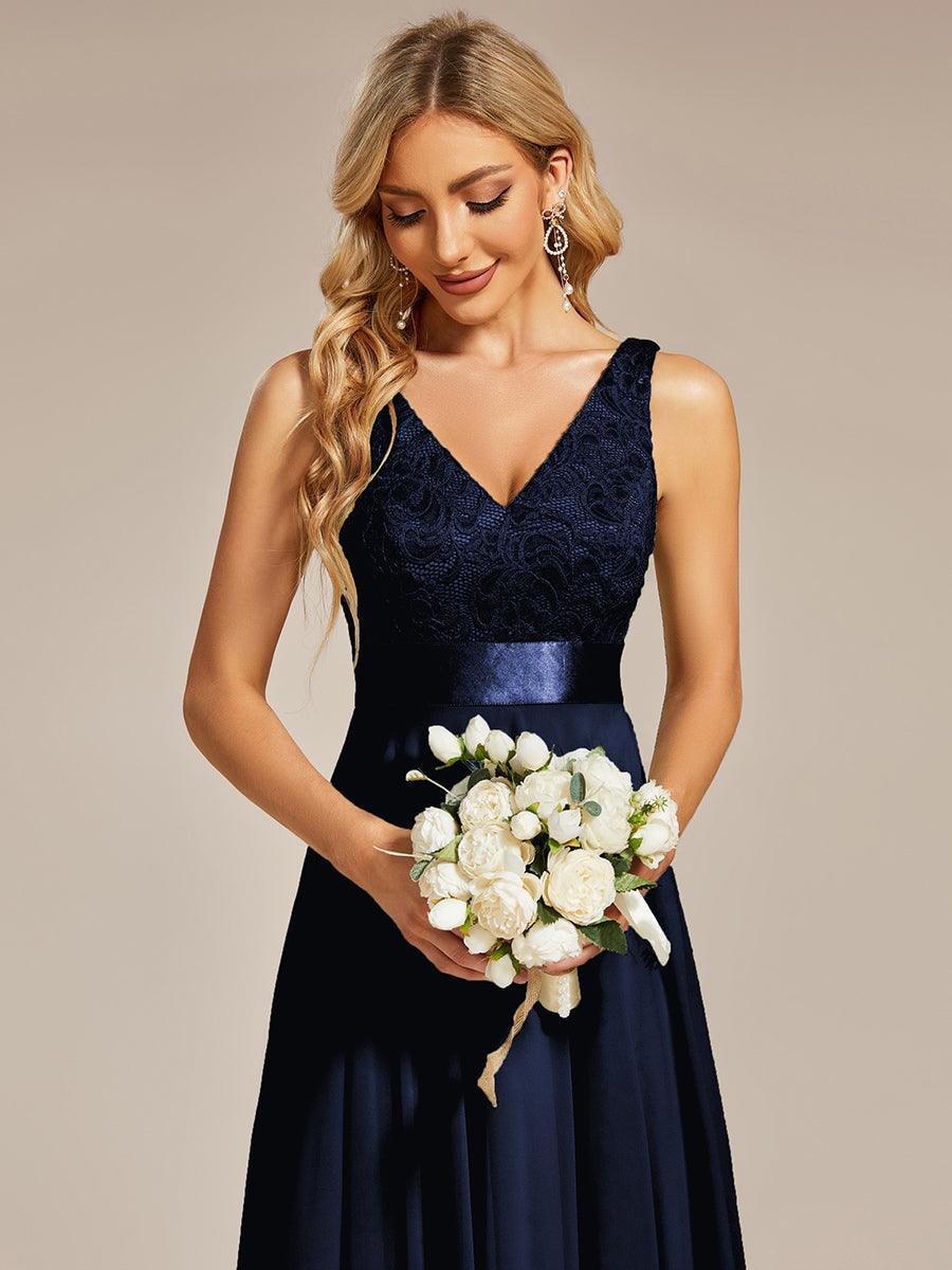Superbe robe de bal en dentelle et en mousseline de soie à col en V pour femme #Couleur_Bleu Marine