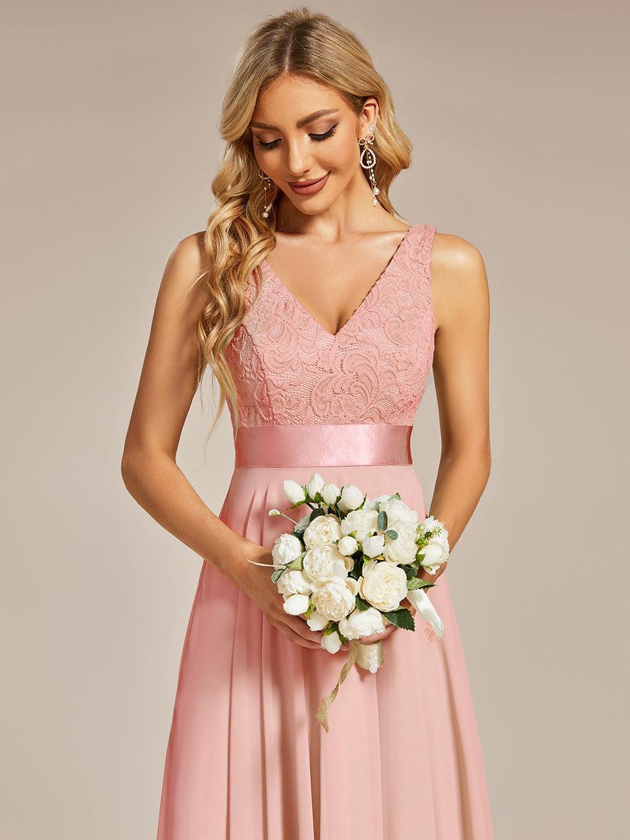 Superbe robe de bal en dentelle et en mousseline de soie à col en V pour femme #Couleur_Rose