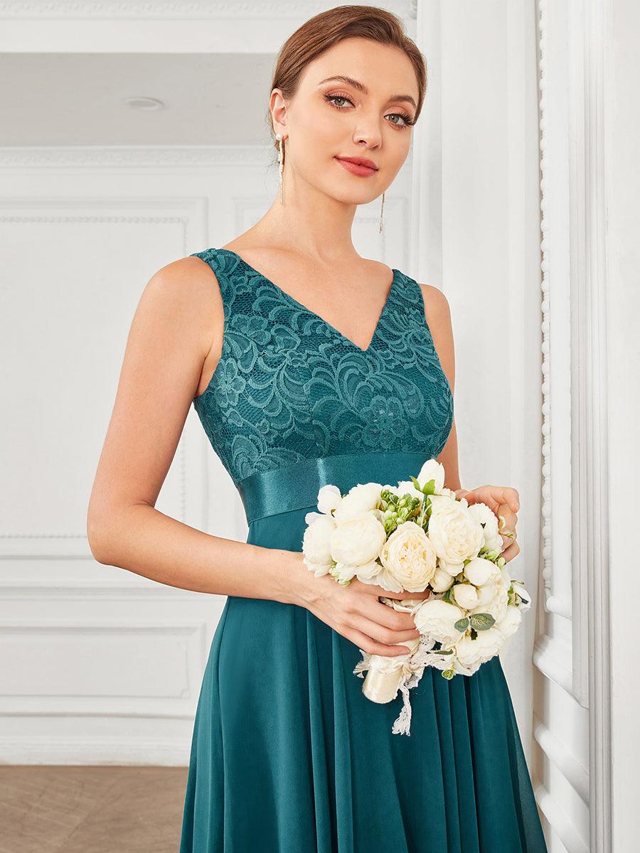 Superbe robe de bal en dentelle et en mousseline de soie à col en V pour femme #Couleur_Bleu Sarcelle