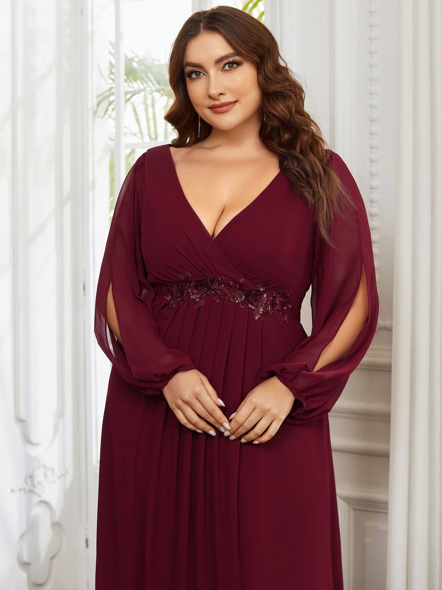 Robes de soirée élégantes en mousseline de soie grande taille avec manches longues en lanterne #Couleur_Bordeaux