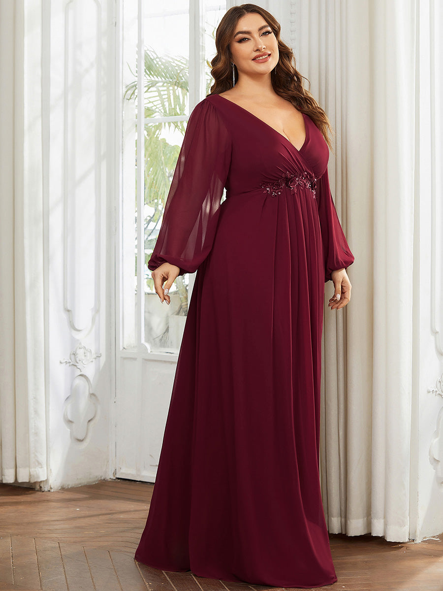 Robes de soirée élégantes en mousseline de soie grande taille avec manches longues en lanterne #Couleur_Bordeaux