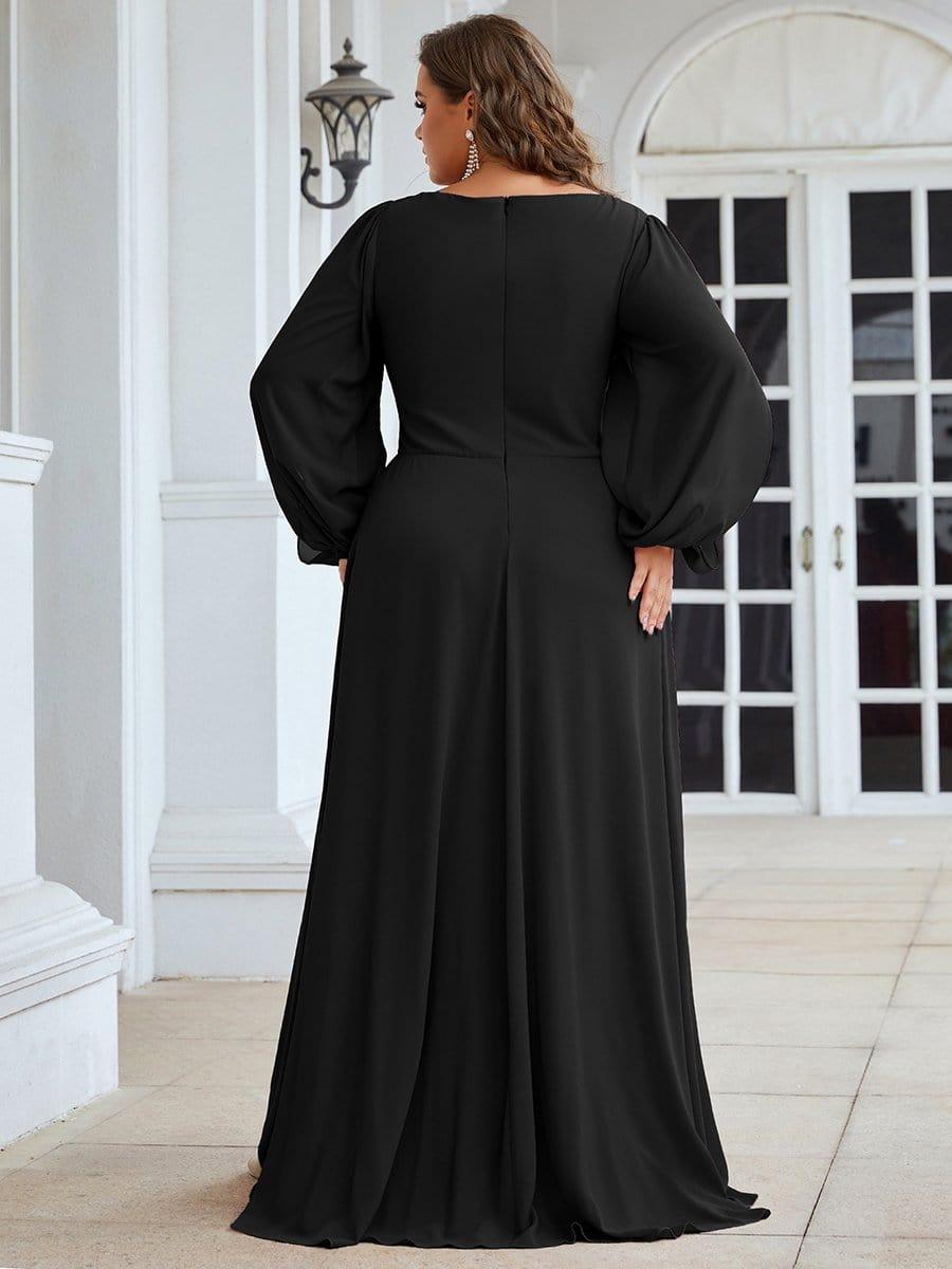 Robe mariage invitée Longue Elegante Avec Lanterne en V Profond #Couleur_Noir