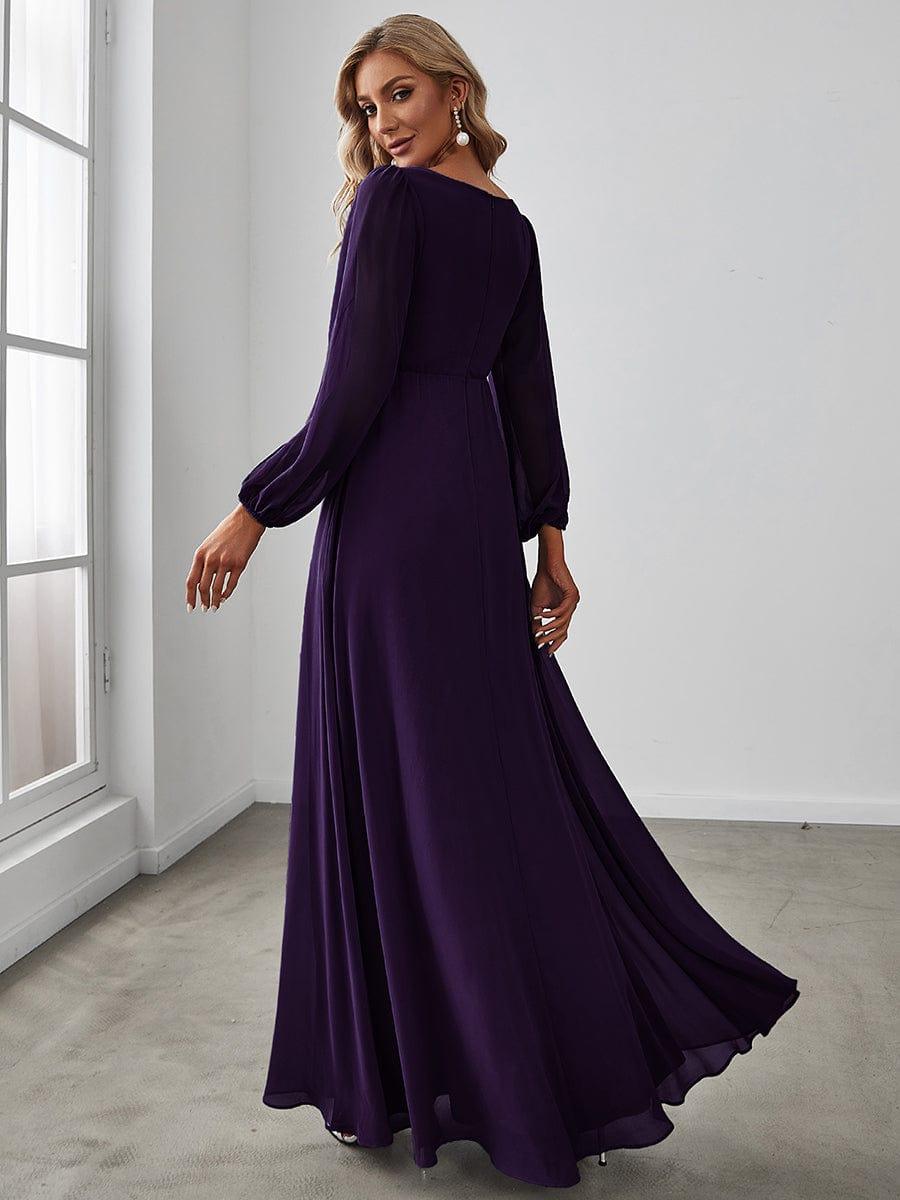 Robe mariage invitée Longue Elegante Avec Lanterne en V Profond #Couleur_Violet Fonce
