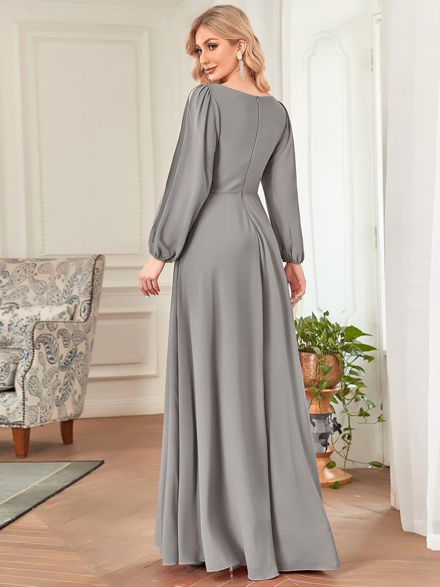 Robe mariage invitée Longue Elegante Avec Lanterne en V Profond #Couleur_Gris