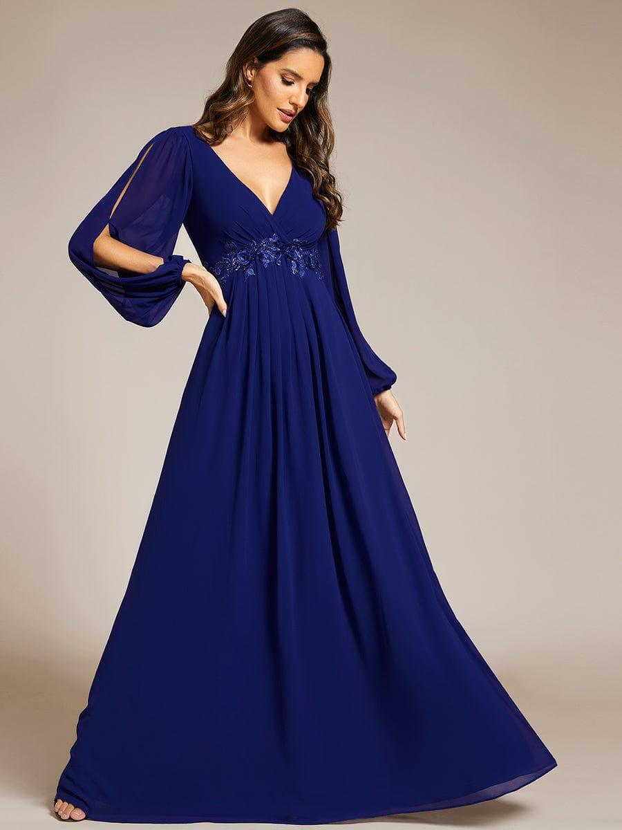 Robe mariage invitée Longue Elegante Avec Lanterne en V Profond #Couleur_Bleu Royal
