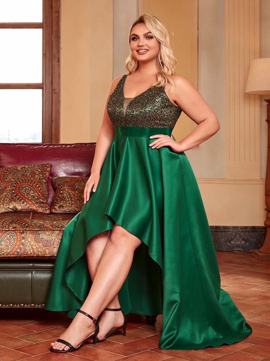 Robe de Bal Grande Taille Scintillante Sexy avec Dos Nu et Ourlet Irrégulier #Couleur_Vert Fonce Robe de Bal Grande Taille Scintillante Sexy avec Dos Nu et Ourlet Irrégulier