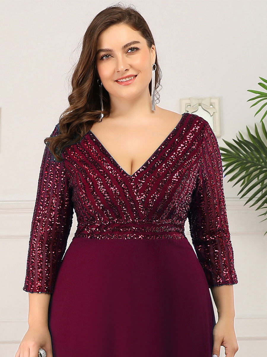 robe longue en sequins transparente à manches trois quarts et décolleté en V #Couleur_Bordeaux