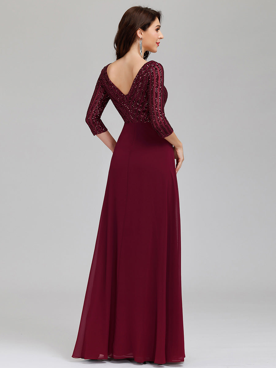 robe longue en sequins transparente à manches trois quarts et décolleté en V #Couleur_Bordeaux