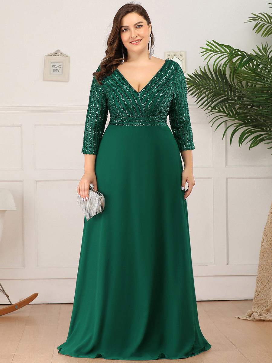 robe longue en sequins transparente à manches trois quarts et décolleté en V #Couleur_Vert Fonce