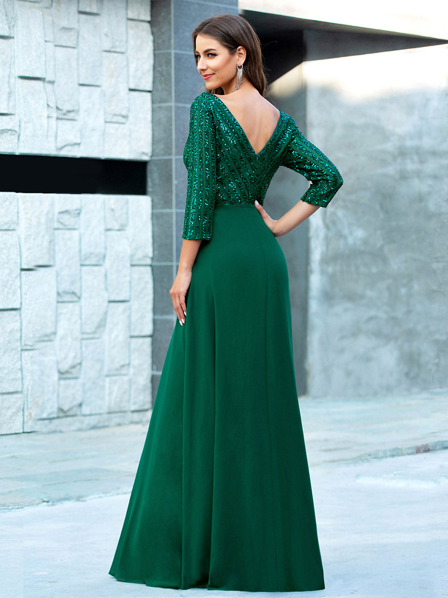 robe longue en sequins transparente à manches trois quarts et décolleté en V #Couleur_Vert Fonce