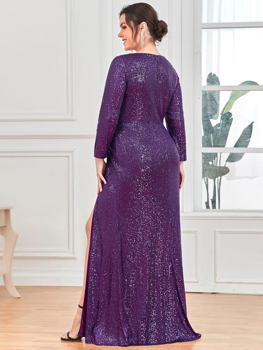 Robe de Soirée Brillante à Paillettes et Col en V avec Fente #Couleur_Violet Fonce