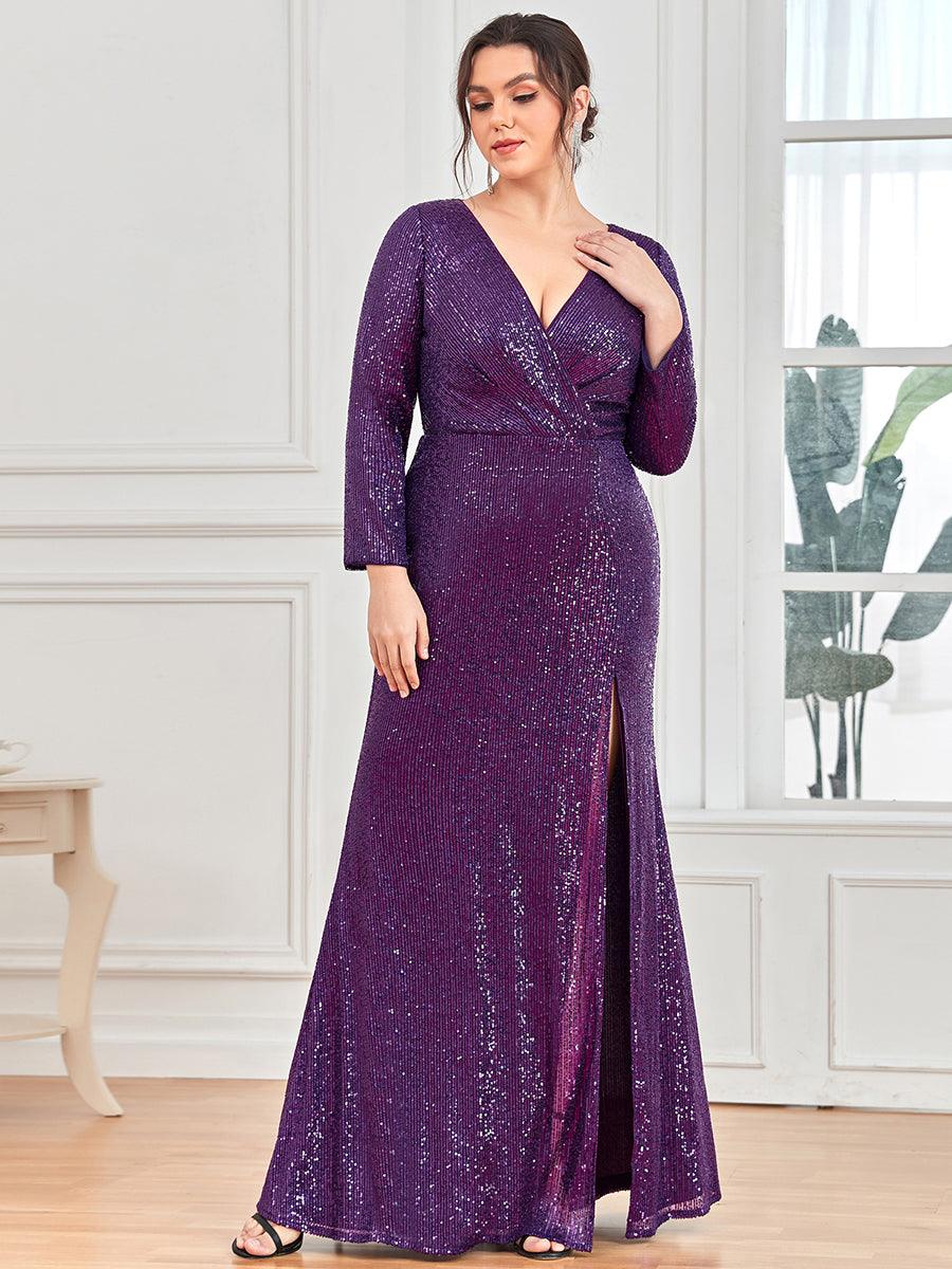 Robe de Soirée Grande Taille Brillante à Paillettes avec Fente #Couleur_Violet Fonce