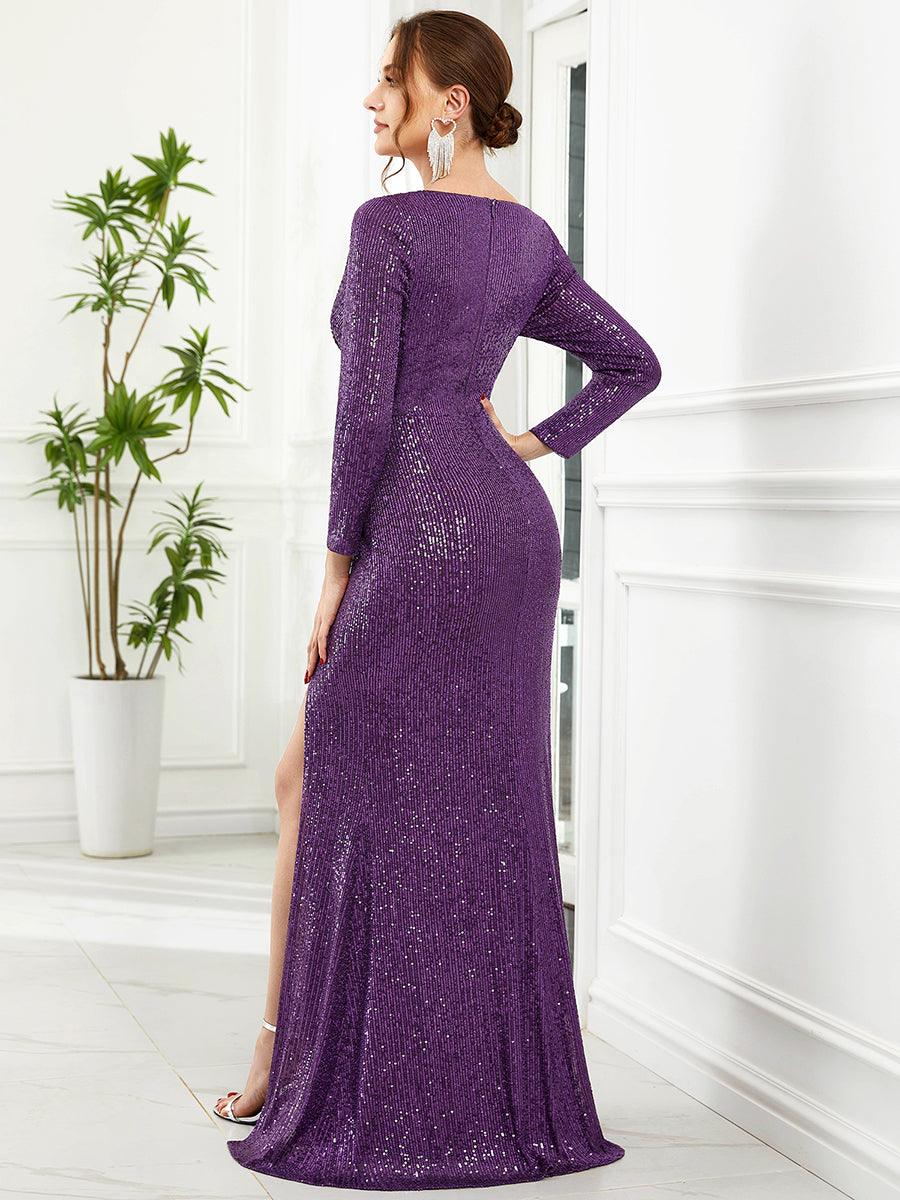 Robe de Soirée Brillante à Paillettes et Col en V avec Fente #Couleur_Violet Fonce