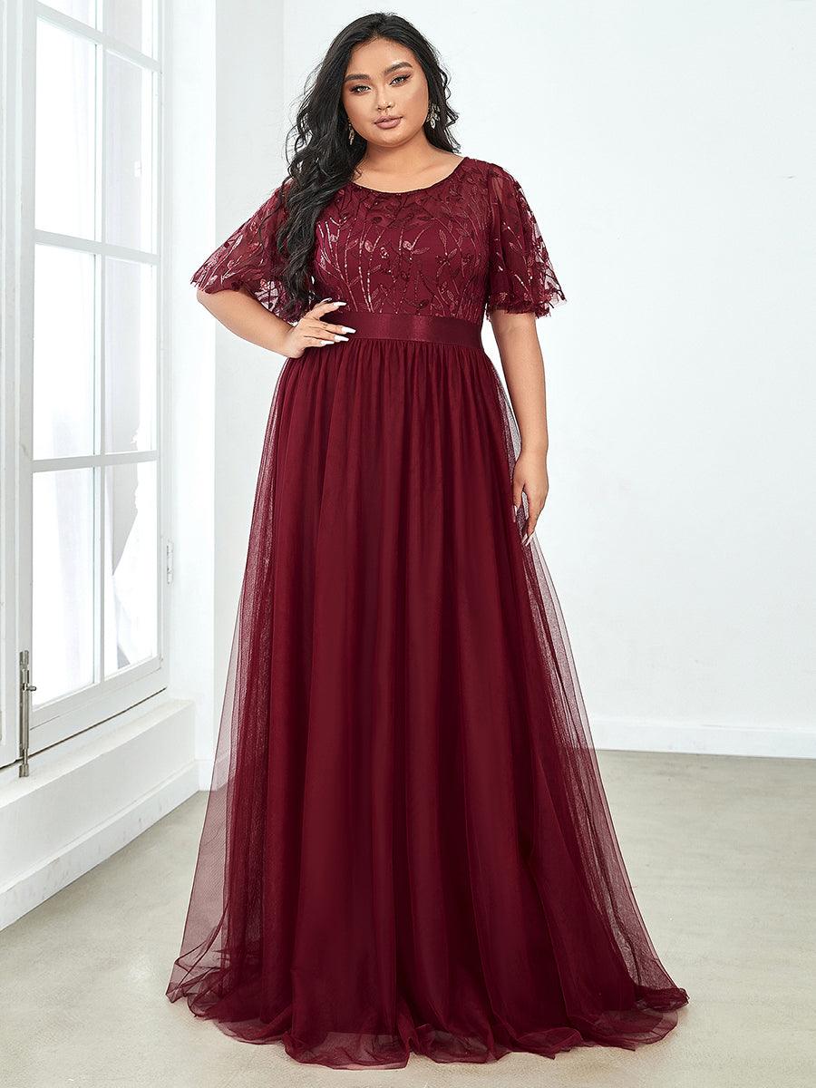 Robe de soirée brodée à manches courtes pour femmes de Grande taille #Couleur_Bordeaux