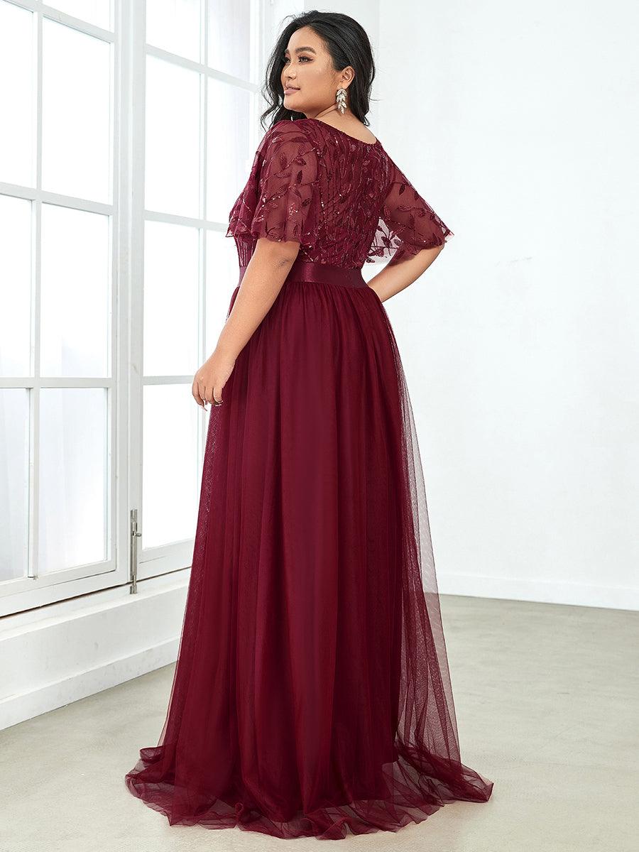 Robe de soirée brodée à manches courtes pour femmes de Grande taille #Couleur_Bordeaux