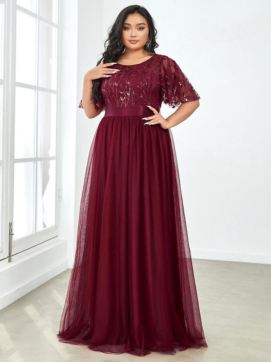 Robe de soirée brodée à manches courtes pour femmes de Grande taille #Couleur_Bordeaux