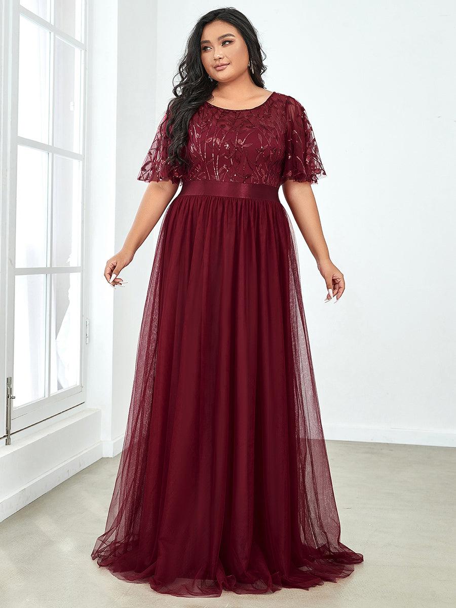 Robe de soirée brodée à manches courtes pour femmes de Grande taille #Couleur_Bordeaux