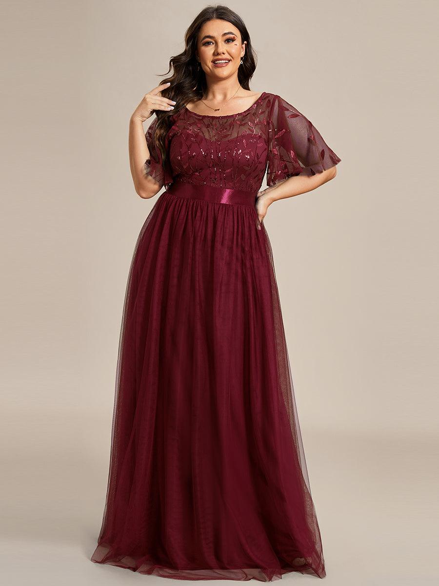 Robe de soirée brodée à manches courtes pour femmes de Grande taille #Couleur_Bordeaux