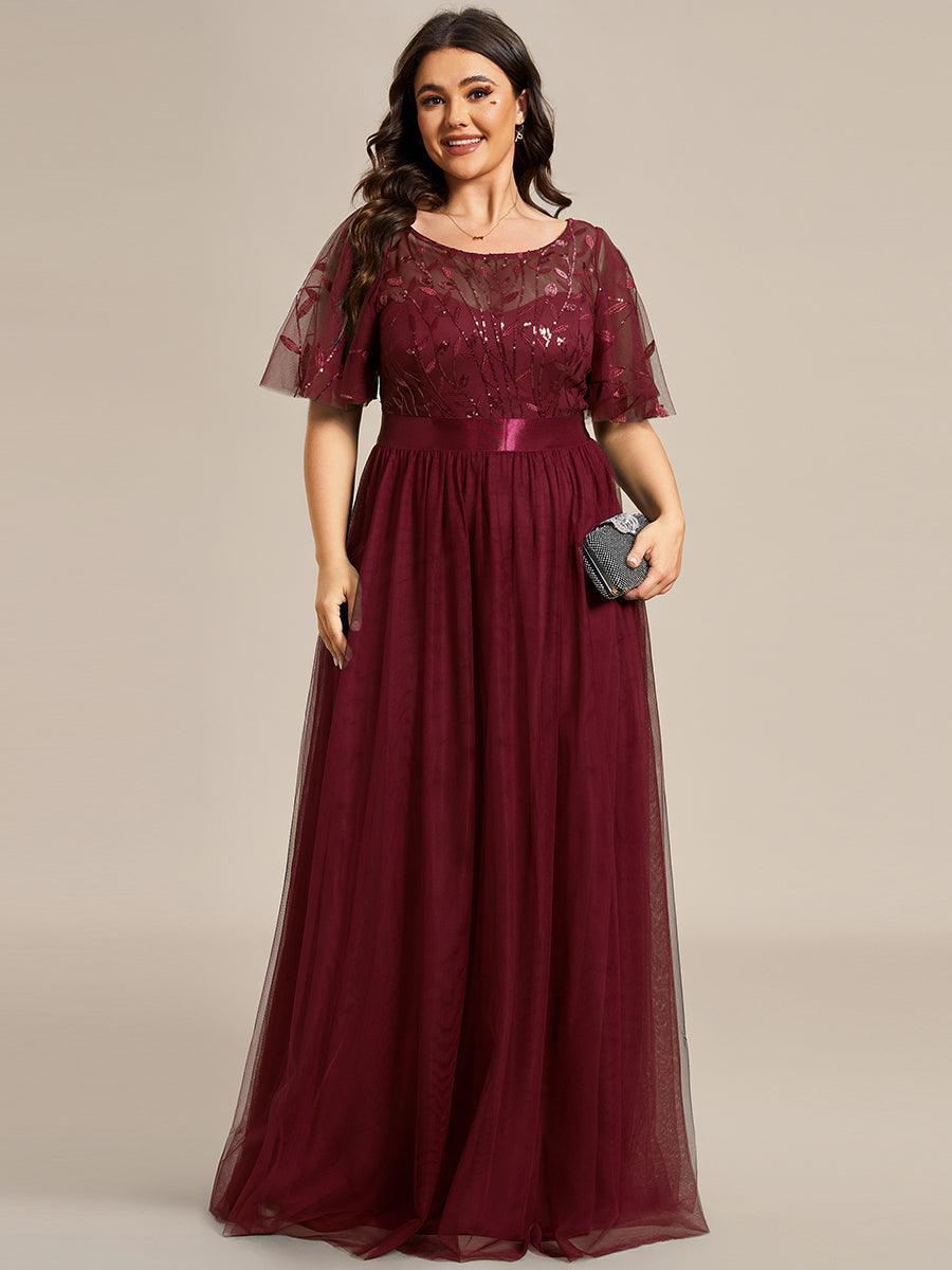 Robe de soirée brodée à manches courtes pour femmes de Grande taille #Couleur_Bordeaux