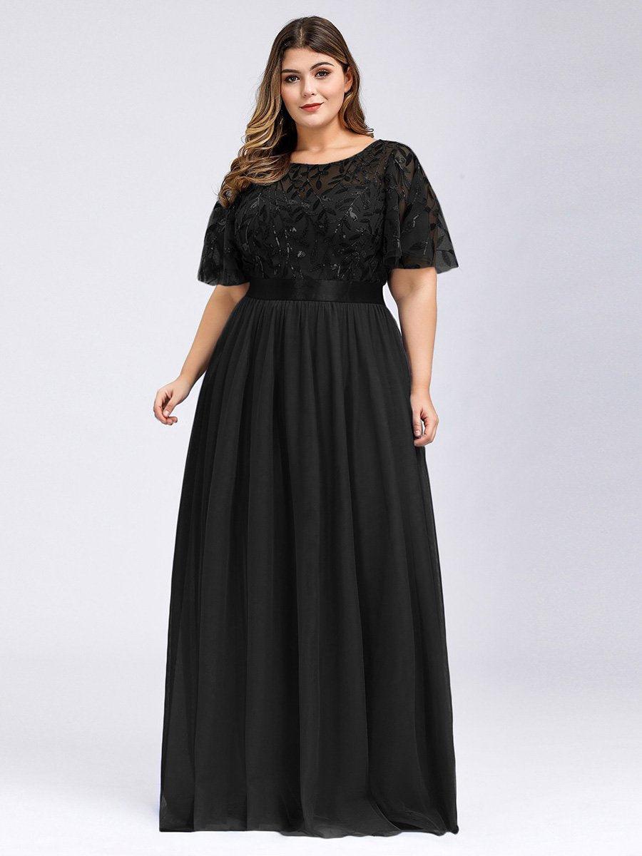 Robe de soirée brodée à manches courtes pour femmes de Grande taille #Couleur_Noir