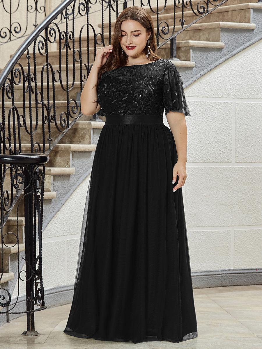Robe de soirée brodée à manches courtes pour femmes de Grande taille #Couleur_Noir
