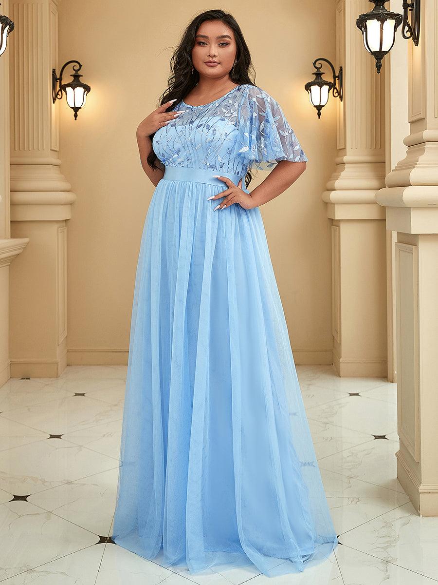 Robe de soirée brodée à manches courtes pour femmes de Grande taille #Couleur_Bleu Ciel