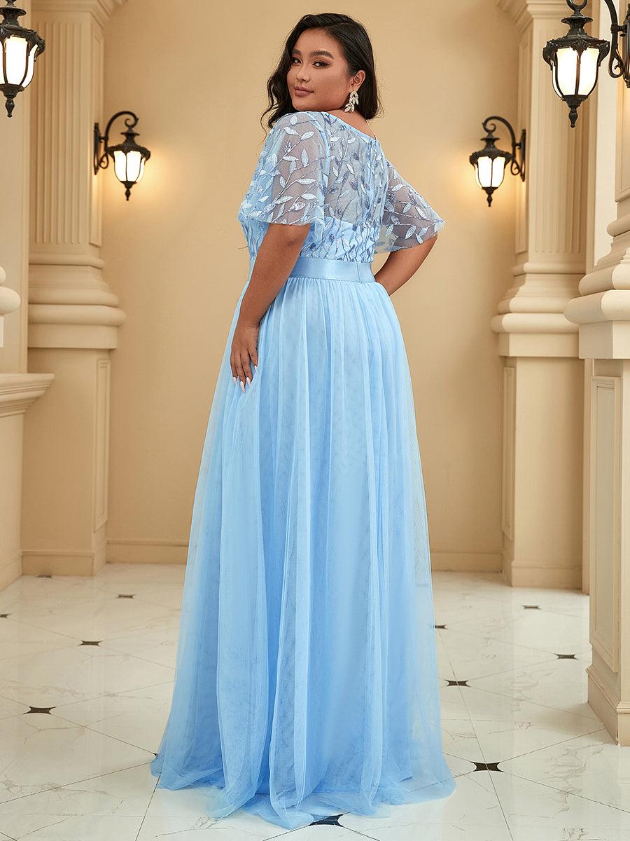 Robe de soirée brodée à manches courtes pour femmes de Grande taille #Couleur_Bleu Ciel