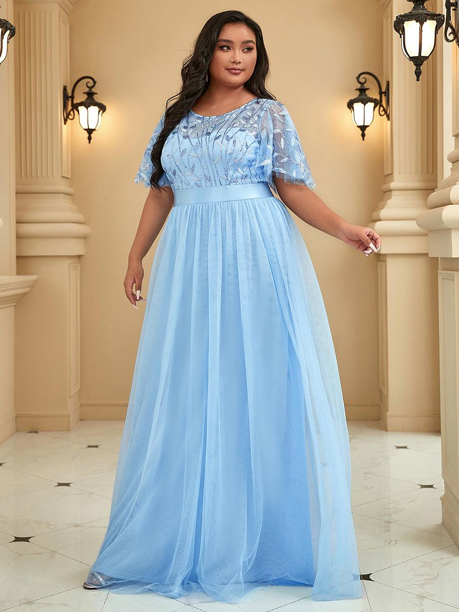 Robe de soirée brodée à manches courtes pour femmes de Grande taille #Couleur_Bleu Ciel