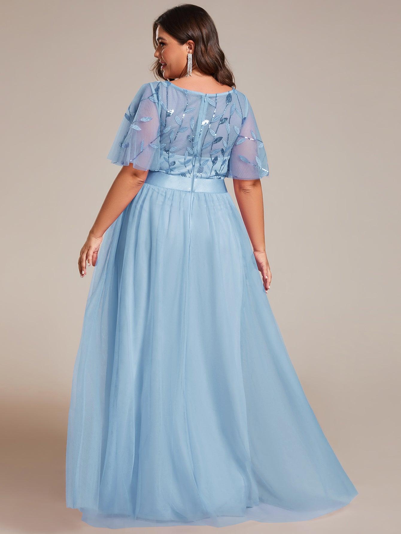 Robe de soirée brodée à manches courtes pour femmes de Grande taille #Couleur_Bleu Ciel