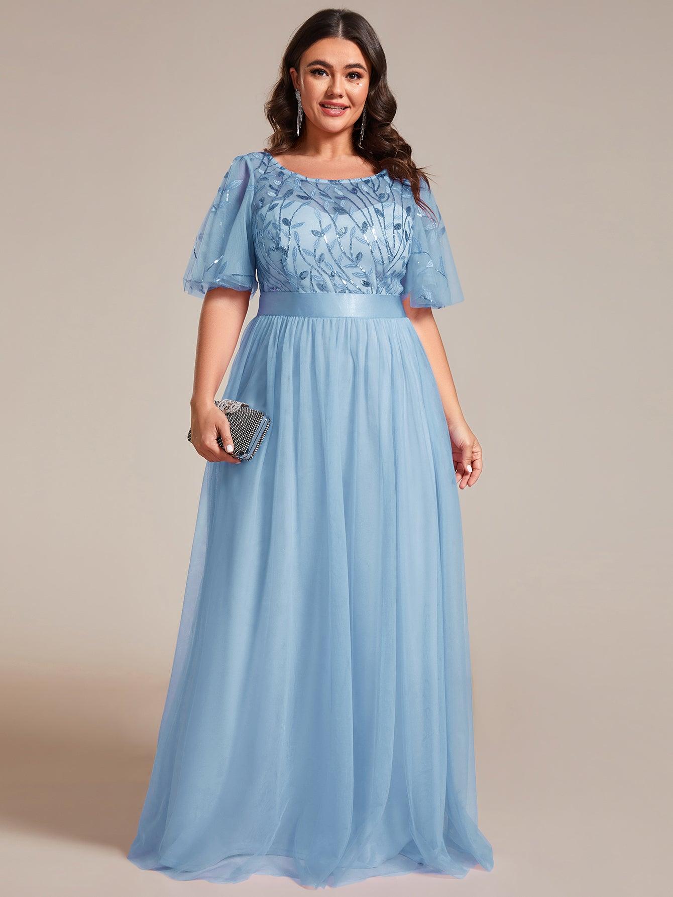 Robe de soirée brodée à manches courtes pour femmes de Grande taille #Couleur_Bleu Ciel