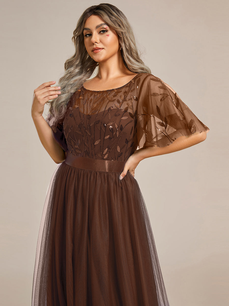 Robe de demoiselle d'honneur Brodées à manches courtes en ligne A pour femmes #Couleur_Brun