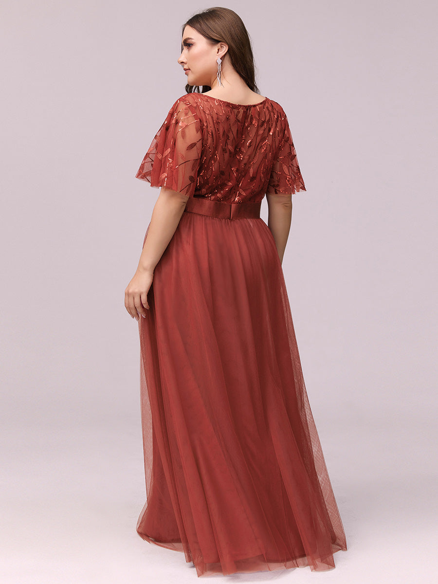 Robe de soirée brodée à manches courtes pour femmes de Grande taille #Couleur_Burnt Orange