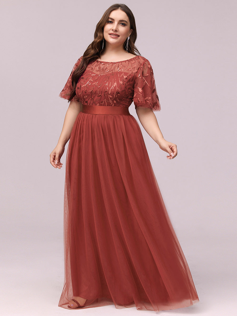 Robe de soirée brodée à manches courtes pour femmes de Grande taille #Couleur_Burnt Orange