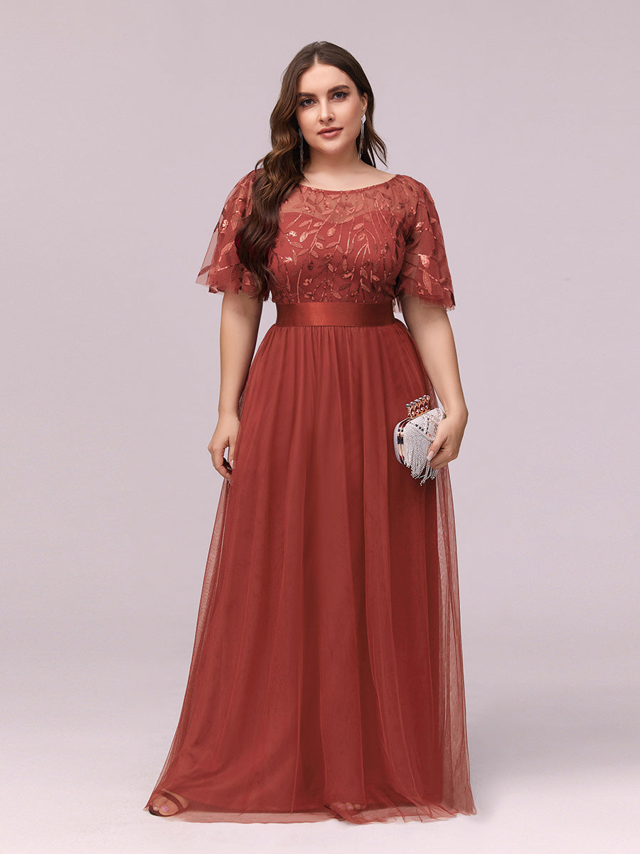 Robe de soirée brodée à manches courtes pour femmes de Grande taille #Couleur_Burnt Orange