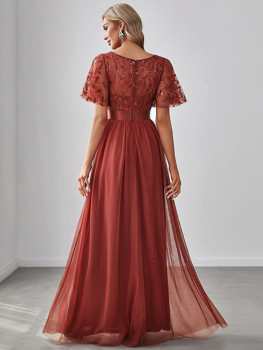 Robes de soirée brodées à manches courtes A-Line pour femmes #Couleur_Burnt Orange