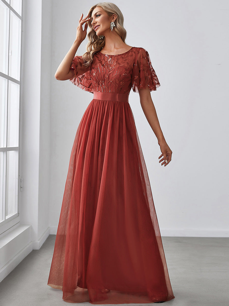 Robes de soirée brodées à manches courtes A-Line pour femmes #Couleur_Burnt Orange